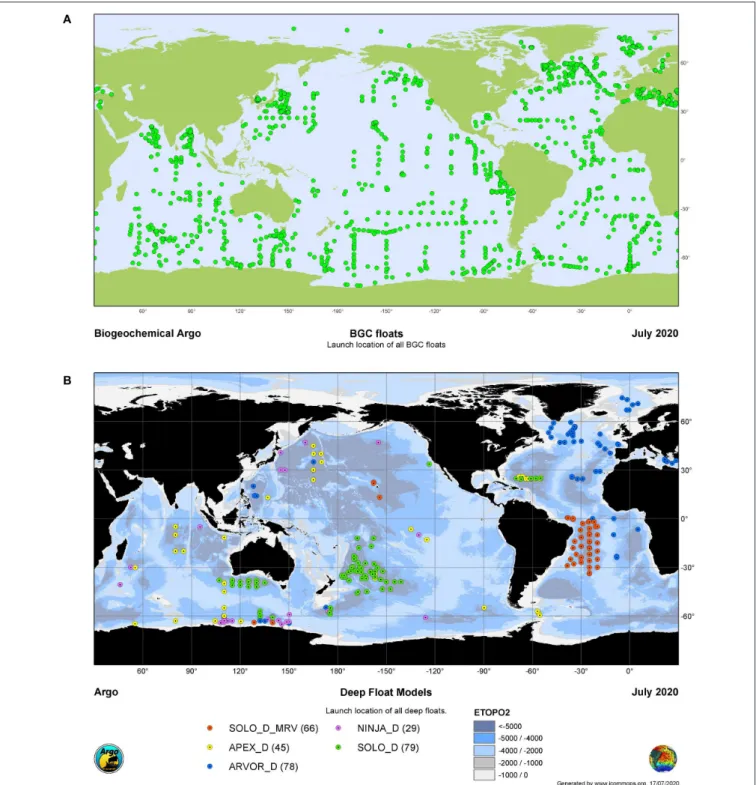 FIGURE 5 | Global map of all (A) BGC-Argo floats, and (B) Deep-Argo floats, as of July 2020