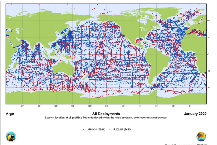 FIGURE 3 | Argo’s geographical coverage by telecommunication type. This map shows the launch location of all floats deployed within the Argo Program, as of January 2020