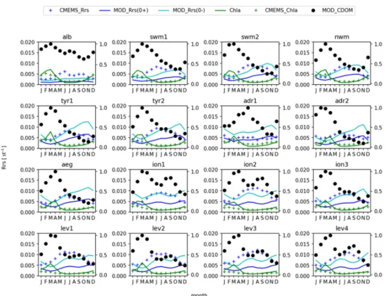 Figure 7. Seasonal variability (year 2017) of remote sensing reflectance (units St −1 ) at 412 nm: blue crosses [41], thick blue  lines (model results from EXP-1 simulation just above the sea surface (0+)) and thick cyan lines (EXP-1 simulation just  below