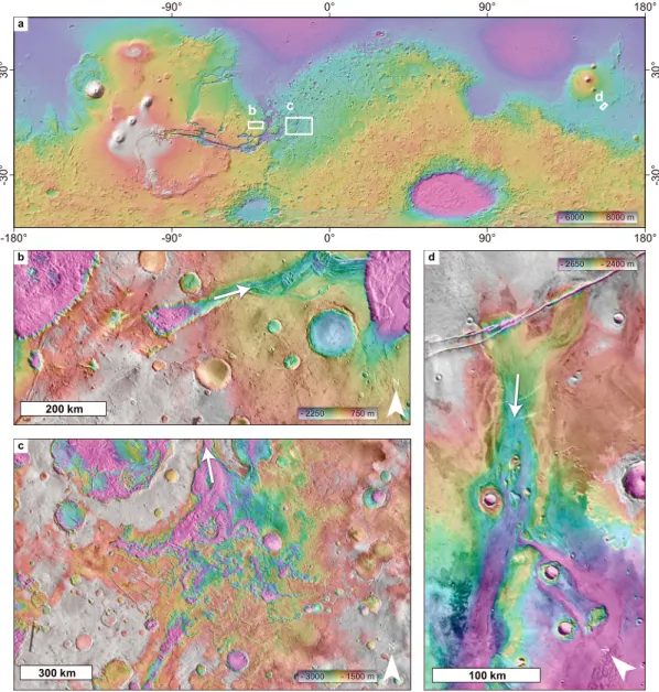 Figure 1. (a) Global map of Mars and (b) local maps of Ravi Vallis, (c) Iani Chaos at the source Ares Vallis, and (d) Athabasca Vallis