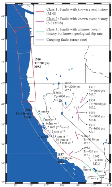Figure 6. Red and purple lines indicate major faults (Class 1 faults) and mi- mi-nor faults (Class 2 faults) associated with historic earthquakes with known slip history (Table 2)