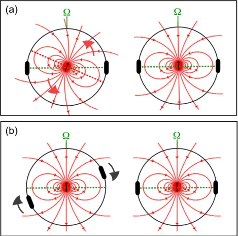 Figure 1. (a) True dipole wander. The geomagnetic dipole (red field lines with black central vector) rotates relative to the lithosphere (including continents) and the mantle (black perimeter), Earth’s spin axis (  ) and the climate equator (green)