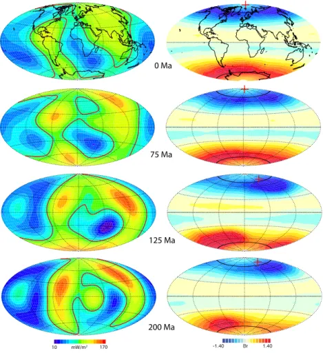 Figure 3. (a) Core–mantle boundary (CMB) heat flux from the mantle global circulation model (GCM) described in the text, at four epochs