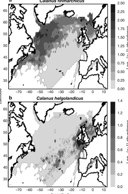 Fig. 3 shows the mean spatial distribution of Calanus finmarchicus and C. helgolandicus for the period 1958Fig