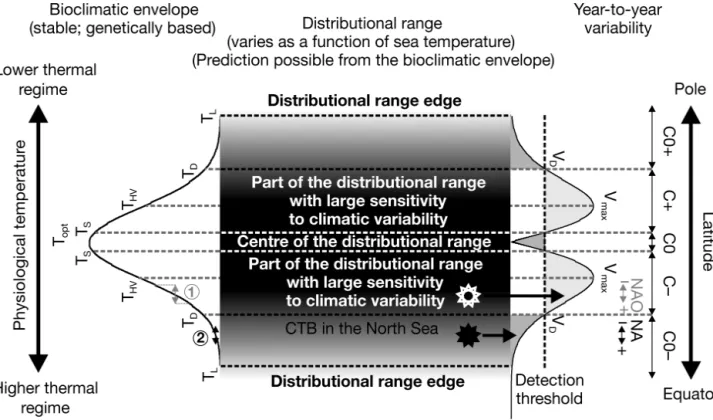 Fig. 3. Idealised conceptual scheme showing the relationships between the distributional range of a species, its bioclimatic en- en-velope and its expected year-to-year variability