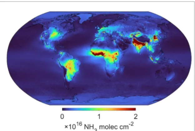 Figure 1. IASI-NH 3 total columns distribution (molec cm −2 ) averaged from 11 years of IASI/Metop-A measurements (1 January 2008 to 31 December 2018, morning overpasses, ANNI-NH 3 -v3R-ERA5 dataset) on a 0.5 ◦ × 0.5 ◦ grid.
