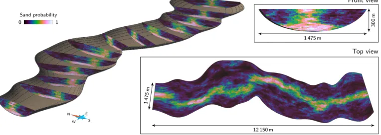Figure 10 Dataset of the application: a curvilinear grid representing a master channel with a sand probability cube.
