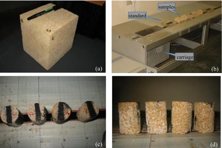 Fig. 3 – (a) Calcarenite block used for coring eight identical cylindrical samples: (c) four cores taken parallely to the sediment bedding  (series 1) and (d) four other perpendicularly to this one (series 2)
