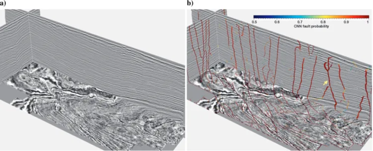 Figure 14. Fault detection in a subset of the Opunake-3D seismic data using the CNN trained by only synthetic data sets.