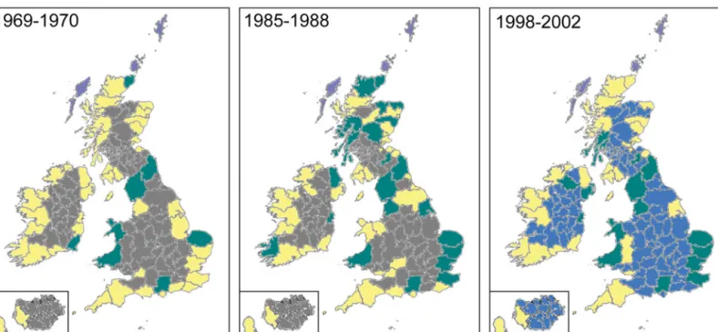 Fig. 4. Cluster analyses of seabird breeding distribution in Britain and Ireland in 1969 to 1970, 1985 to 1988 and 1998 to 2002 allowed the distinction of 4 different zones (marked in purple, green, yellow and blue; see ‘Results’ for details)