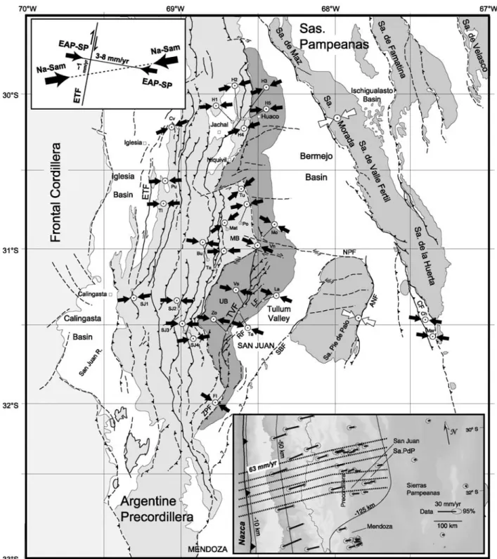 Figure 7. Structural regional map of Argentine Precordillera and western Sierras Pampeanas showing the inversion results of fault kinematic data measured at individual sites (black arrows indicate compressional direction)