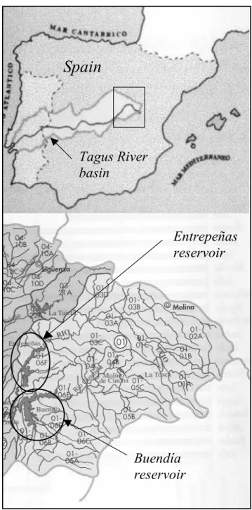 Fig. 1. Location of Entrepeñas and Buendía reservoirs in the Tagus River basin (Spain)