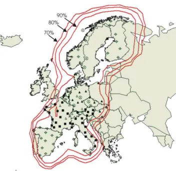 Fig. 1. Projected Flash Detection Efficiency for the EUCLID Net- Net-work (NetNet-work status October 2005) for peak currents greater than 5 kA.