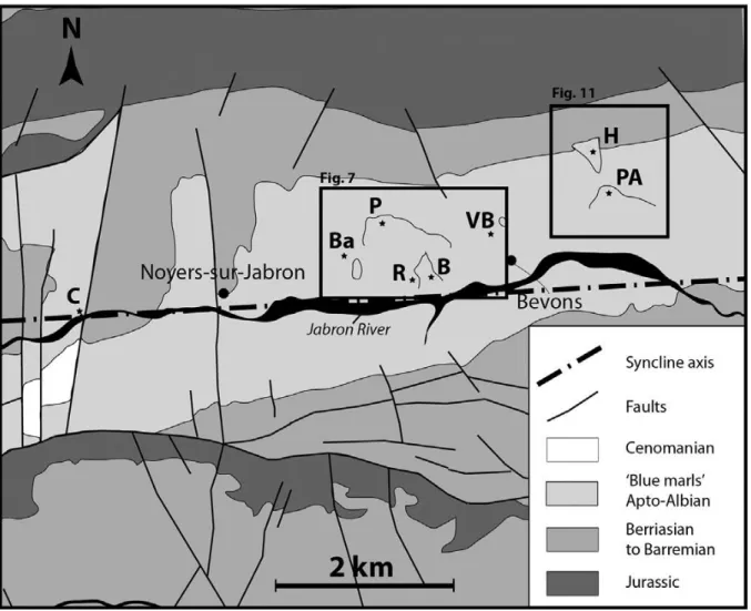Fig. 3. Geological and structural map of the study area. Location of Le Couvent (C), Barneche  (Ba), Le Puy (P), Les Rouines (R), La Beaume (B), Vieux-Bevons (VB), Pierre Avon 