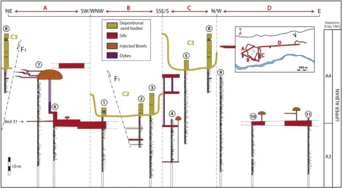 Fig. 4. Sedimentary structures in the depositional sand body C2 (La Beaume area, see Figs