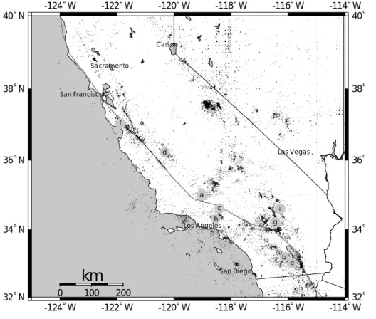 Fig. 1. Earthquakes with M ≥ 3.0 in California since 1910. Solid  cir-cles denote the events with M ≥ 6.5 since 1952: circle (a), 1952 M = 7.5 Kern County; circle (b), 1968 M = 6.5 Borrego Mountain; circle (c), 1971 M = 6.6 San Fernando; circle (d), 1983 M
