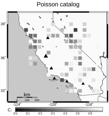 Fig. 3. Curvature parameter C (grey shaded boxes) with respect to a strong earthquake (M = 7.0) for an adjusted Poisson catalogue (APC)