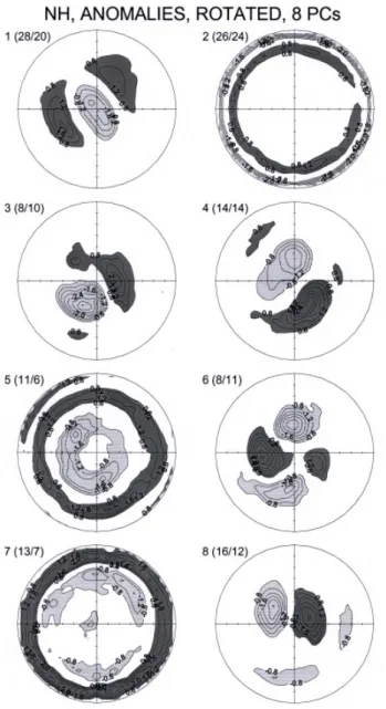 Fig. 7. Scores of rotated PCs for NH. Each PC is indicated by its number; the numbers of corresponding positive and negative types are given in parentheses