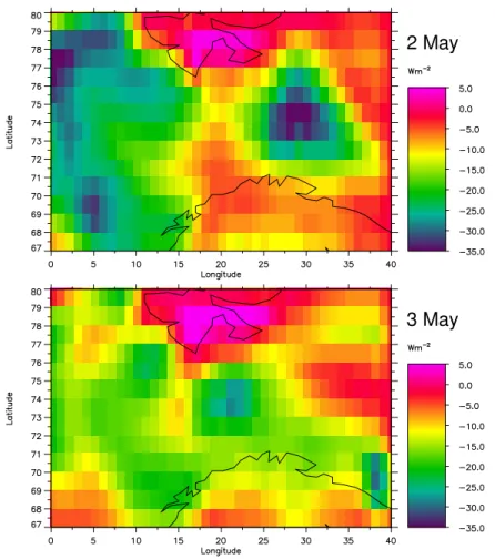 Fig. 9. Radiative forcing of the episode relative to an aerosol situation in the spring with AOD = 0.05.