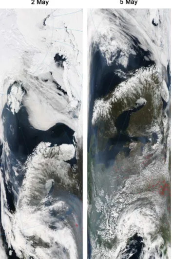 Fig. 2. The plume is clearly seen in the MODIS pictures of northeast Europe and Northern Scandinavia
