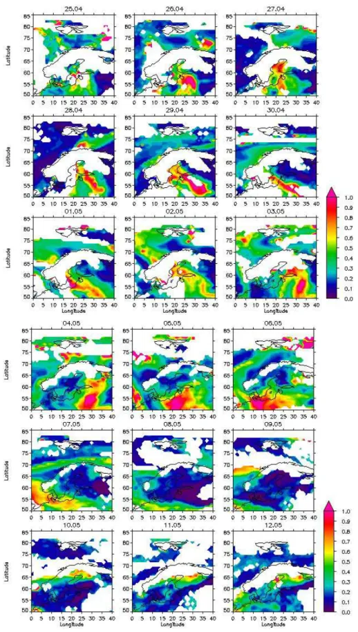 Fig. 3. Aerosol optical depth at 550 nm for the period 25 April-12 May 2006 from the MODIS Collection Version 5