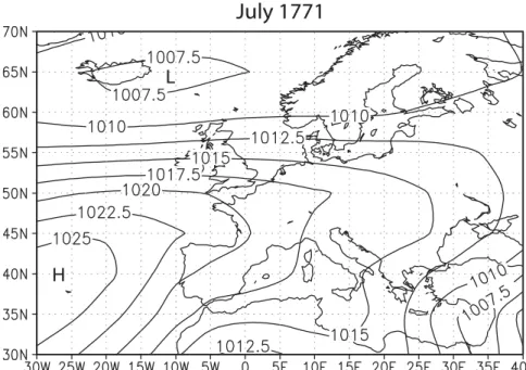 Fig. 4. Reconstructed monthly sea-level air pressure fields for July and August, 1771 (from Br´azdil et al., 2001).