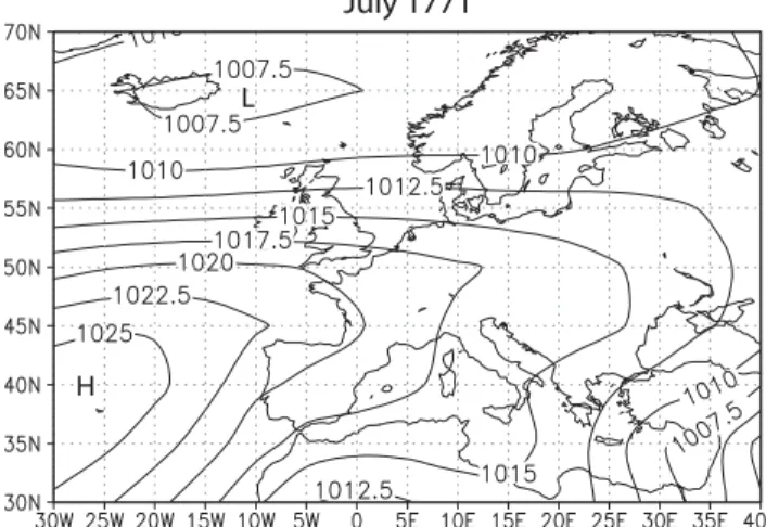 Fig. 4. Reconstructed monthly sea-level air pressure fields for July and August, 1771 (from EGU Br ´azdil et al., 2001).