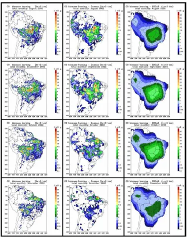 Fig. 2. The three biomass burning inventories: the first column from the left shows the spatial distribution of the CO emission estimation (10 +3 ton) obtained for the months August to  Novem-ber 2002 with the technique described in this paper (3BEM), the 