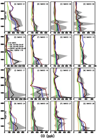 Fig. 5. Comparison between CO concentrations (ppb) observed during sixteen flights of the SMOCC/RaCCI field campaign (black solid line represents the mean while the grey zone shows the standard deviation range) and model results: using the EDGAR inventory 