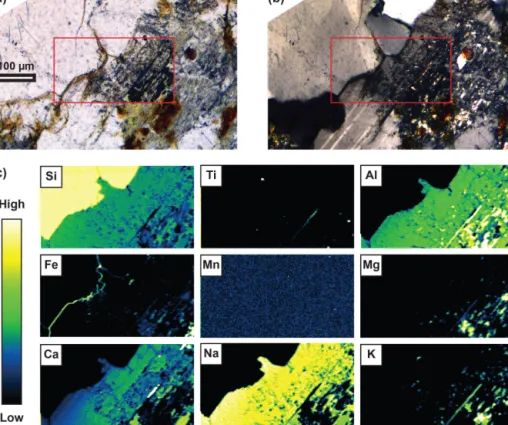 Figure 9. Microphotographs and elemental maps showing the Fe-rich material filling fractures in the pink granite