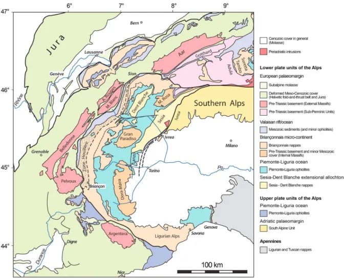 Figure 1. Schematic structural map of the Western and central Alps (modi ﬁ ed after Schmid et al., 2004, 2017).