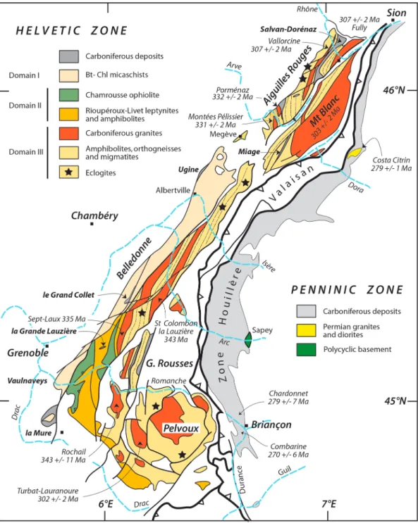 Figure 3. Geological map of the pre-Triassic basement in the External Massifs, Western Alps (modi ﬁ ed from the Geological Map of France at 1:10 6 )