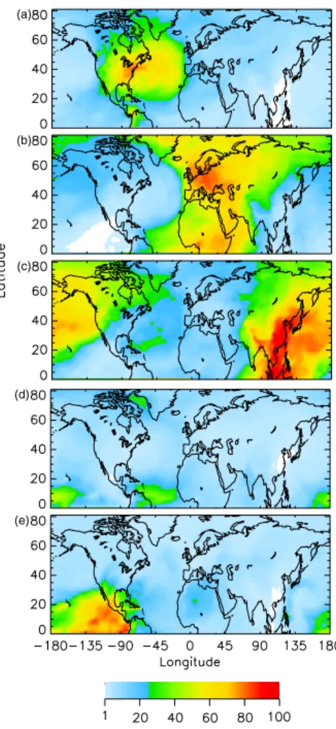 Fig. 3. Average fraction (%) of the different source regions and source types to the sulfate column burden for the 6-week analysis period as a function of location in the model domain.