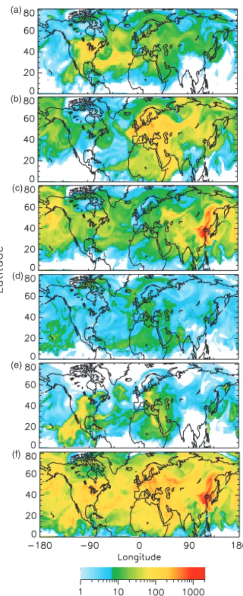 Fig. 6. Modeled sulfate col- col-umn burdens for 29 June 1997 12:00 UT from (a)  anthro-pogenic sources in North  Amer-ica, (b) anthropogenic sources in Europe, (c) anthropogenic sources in Asia, (d) biogenic sources, (e) volcanic sources, and (f) all sour