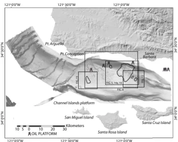 Fig. 1. Computer generated artificial sun-shaded relief image of the Santa Barbara Channel from Simrad EM300 30 kHz multibeam bathymetric data showing area of study, oil platforms, and principal geographic locations