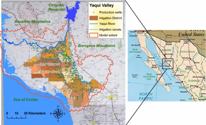 Fig. 1. Location of the Yaqui Valley study area, the Yaqui Irrigation District, and extent of the groundwater model.