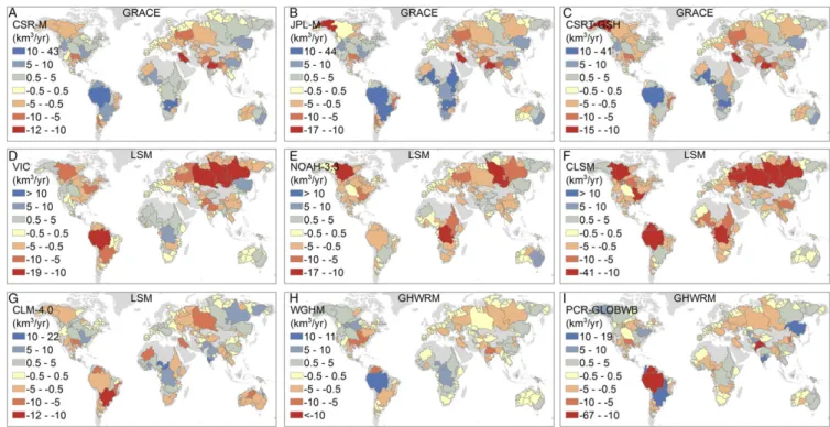 Fig. 3. TWSA trends expressed in volume (cubic kilometers per year) from three GRACE solutions: CSR-M (A), JPL-M.dsf (B), and CSR-Tellus-gridded spherical harmonic with scaling factor (CSRT-GSH.sf) (C); four LSMs: VIC (D), NOAH-3.3 (E), CLSM-F2.5 (F), and 