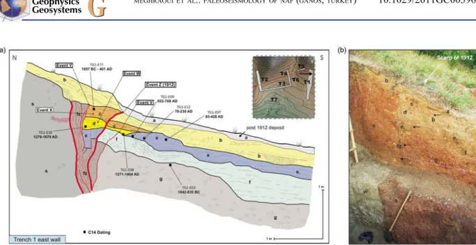 Figure 6. West wall of trench T2 across the fault zone (inset showing the trench and arrow the logged wall section).