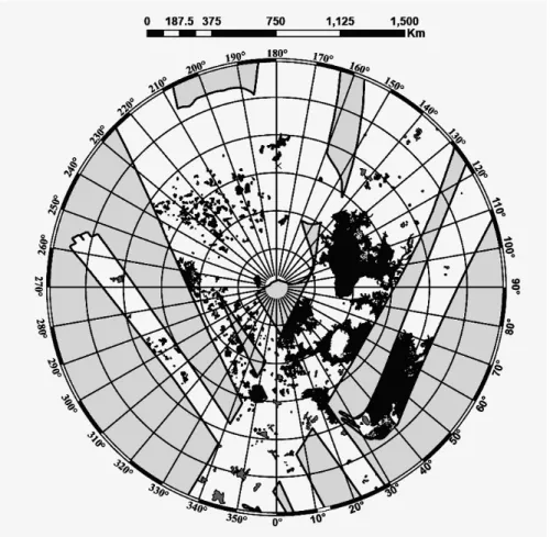 Figure 1. A map of Titan's north polar region (5 degree latitude circles) with areas identified as lakes shown as dark grey against the radar swaths in white