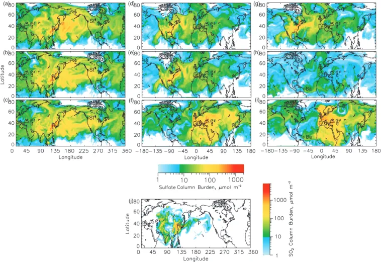 Fig. 9. Sulfate column burden from (a) Asian sources on 4 July 1997 12:00 UT, (b) Asian sources on 7 July 00:00 UT, (c) Asian sources on 7 July 12:00 UT, (d) North American sources on 4 July 18:00 UT, (e) North American sources on 5 July 12:00 UT, (f) Euro