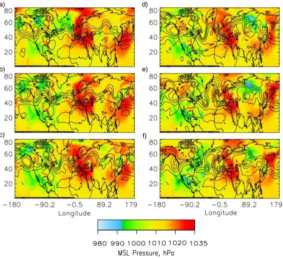 Figure 5. Mean sea level pressure (MSL, hPa) at 12UT for a) June 23, 1997, b) June 24, c) June 25, d) June 26, e) June 27, and f) June 28