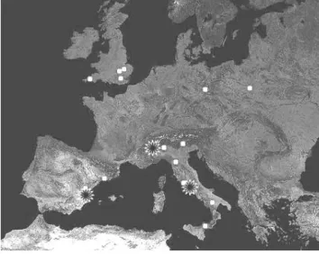 Figure 1. Geographical position of ESR sites in the European re- re-gion (white dots) and of the stations used in this work (black stars).