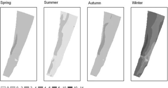Figure 4 shows the mean duration of the longest period over which each 1× 1 m cell of the GIS elevation model was flooded in spring, summer, autumn and winter for the period 19852004