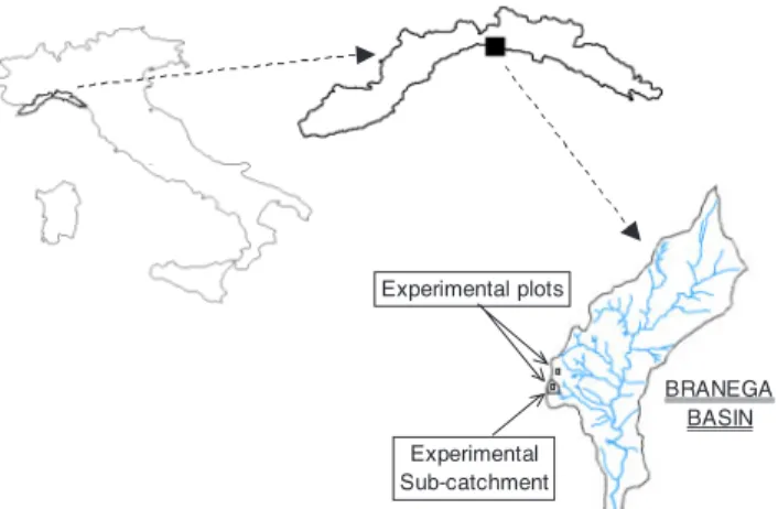 Fig. 1. Location of the Branega catchment and experimental plotsExperimental plots