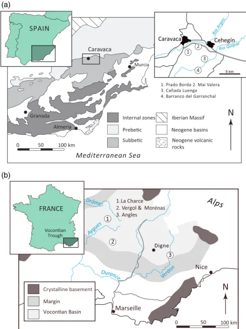 Figure 1. Location of (a) Spanish (modi ﬁ ed from Aguado et al., 2000; Martinez et al., 2012) and (b) French (modi ﬁ ed from Reboulet &amp; Atrops, 1997; Gréselle &amp; Pittet, 2010) sections and location of the sections studied.