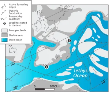 Figure 2. Early Cretaceous paleogeographic map modi ﬁ ed from Masse et al.