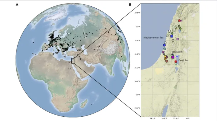 FIGURE 1 | (A,B) Location map. Dots on the world map show locations of all the paleomagnetic data from archaeological and volcanic sources from the past four millennia available in the GEOMAGIA50 database (Korhonen et al., 2008; Brown et al., 2015)