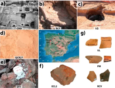 Figure 1. Locations of the studied archeological sites (center) and representative studied structures and sampling methods (a – g).