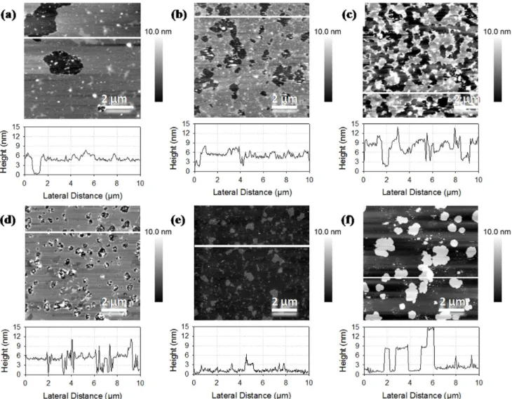 Figure 2. AFM images of supported lipid bilayers made of phospholipids from rapeseed mixed with DOPC and DPPC