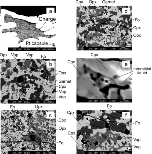 Figure 2. (a – f) Backscattered electron images of an experimental charge at 2.3 GPa and 1395 °C (run 6 in Table 4)